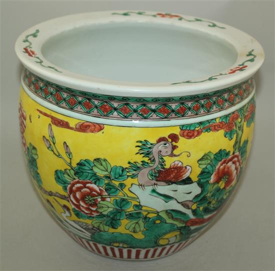 A Chinese yellow ground fish bowl, late 19th century, diameter 26cm